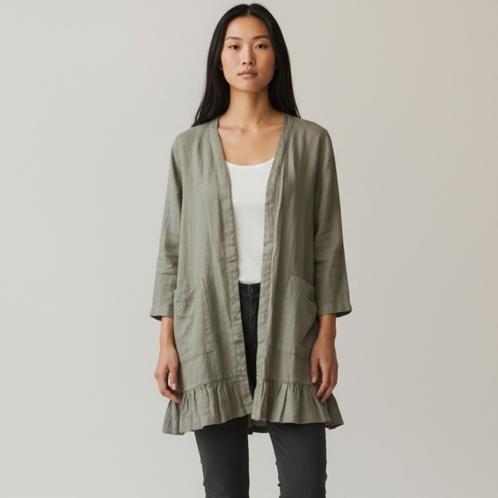 J.Jill Pure Jill 100% Linen Ruffle Hem Cardigan Olive Green XSP Petite